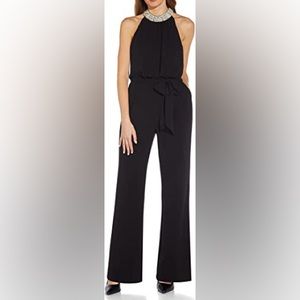 ADRIANNA PAPELL Pearl Chiffon Crepe Jumpsuit Women’s Size 6-Black